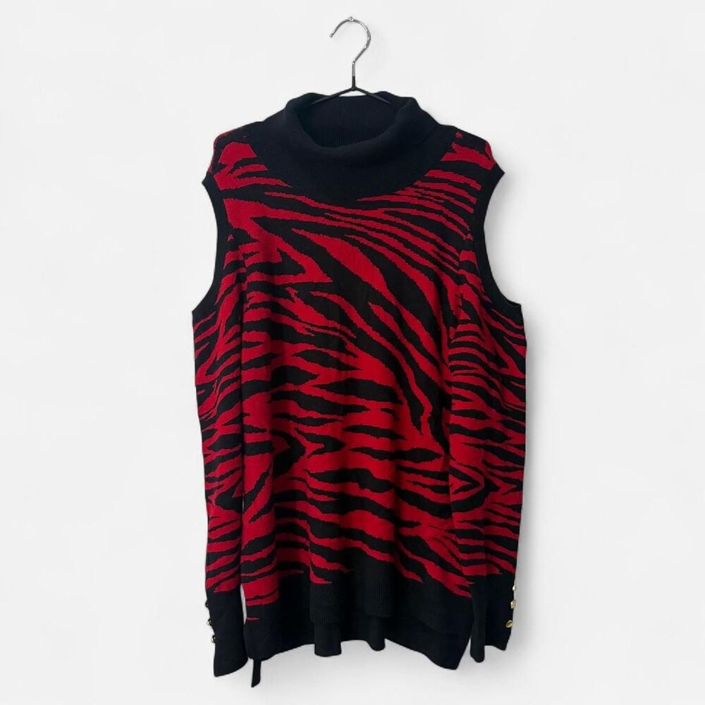 Plus size Y2K Red black zebra print cold shoulder cutouts long sleeve sweater